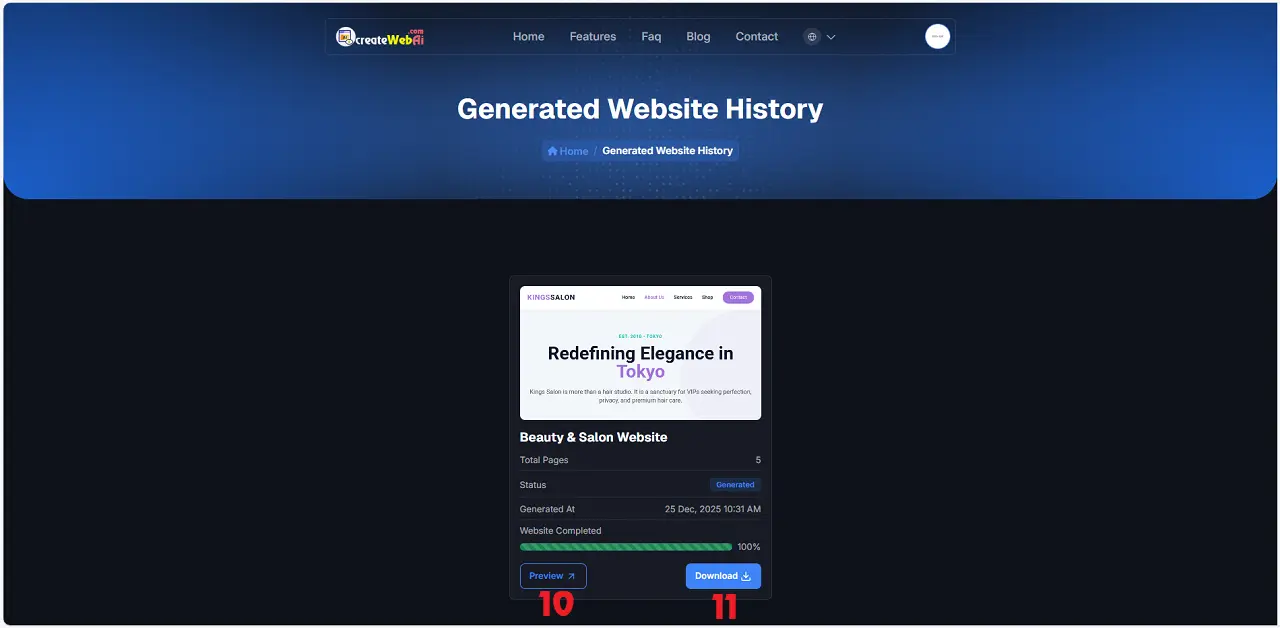 The result of website design by AI